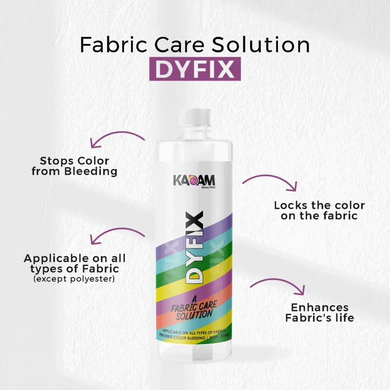 Kadam DyFix liquid—stops fabric color bleeding, locks in dye, enhances fabric life, and works on all fabrics except polyester.