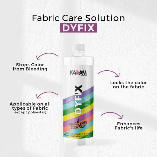 Kadam DyFix liquid—stops fabric color bleeding, locks in dye, enhances fabric life, and works on all fabrics except polyester.