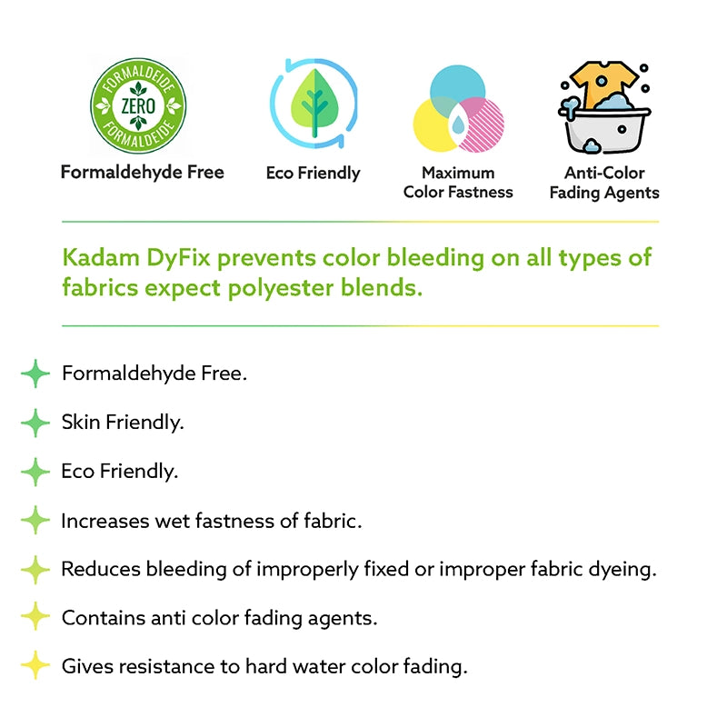 Kadam DyFix fabric care product applied to freshly dyed fabrics for long-lasting brightness