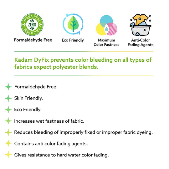 Kadam DyFix fabric care product applied to freshly dyed fabrics for long-lasting brightness