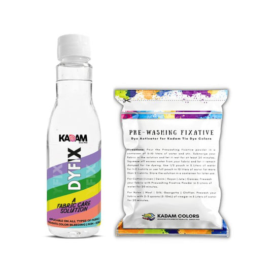 Kadam Colors DyFix liquid and Pre-Washing Fixative powder shown together as complete dye-prep fabric care combo.