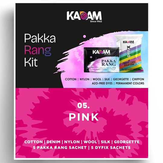 Kadam Pakka Rang Kit in Pink, cheerful and bright dye suitable for cotton, silk, and synthetics; 25g azo-free sachet.