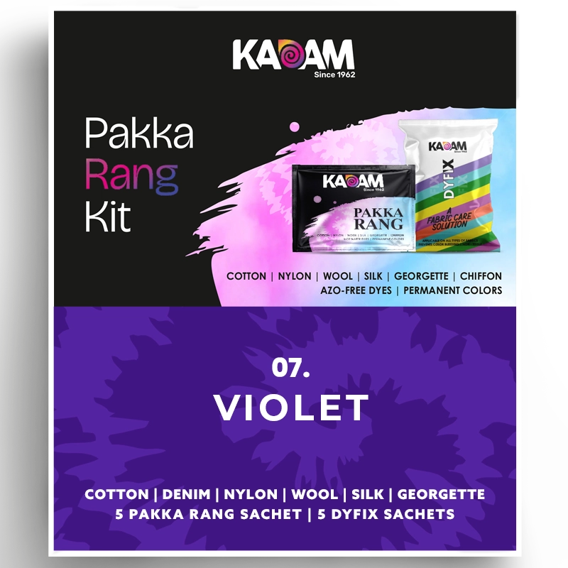 Kadam Pakka Rang Kit in Violet, rich purple dye for fashion fabrics; azo-free, fade-resistant color in 25g sachet.