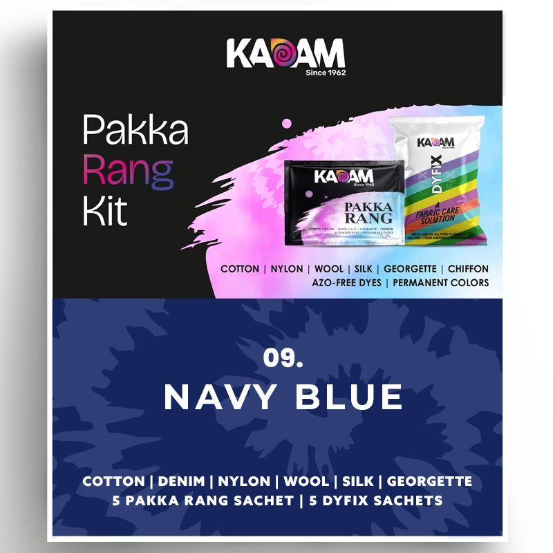 Kadam Pakka Rang Kit in Navy Blue, deep classic blue dye for fabric; colorfast, azo-free and long-lasting, 25g sachet.