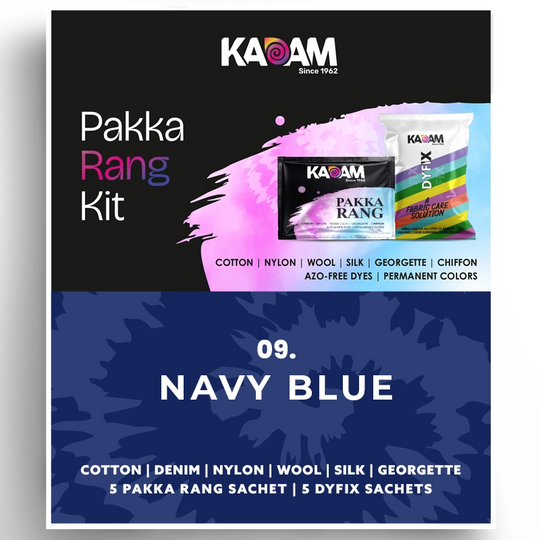 Kadam Pakka Rang Kit in Navy Blue, deep classic blue dye for fabric; colorfast, azo-free and long-lasting, 25g sachet.