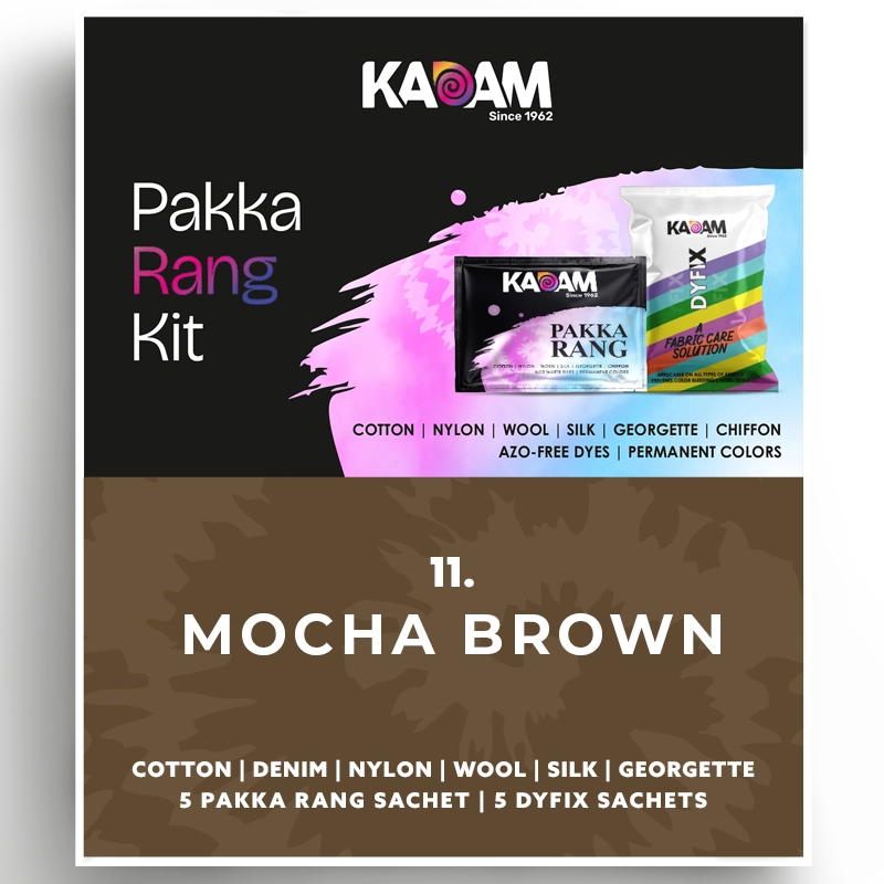 Kadam Pakka Rang Kit in Mocha Brown, warm coffee-tone dye for fabric lovers; azo-free and durable, 25g sachet.