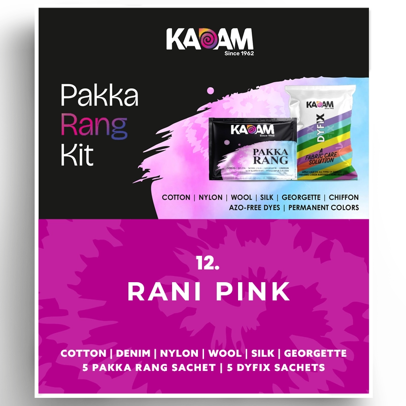 Kadam Pakka Rang Kit in Rani Pink, bold traditional pink dye perfect for festive textiles; vivid, permanent, 25g.
