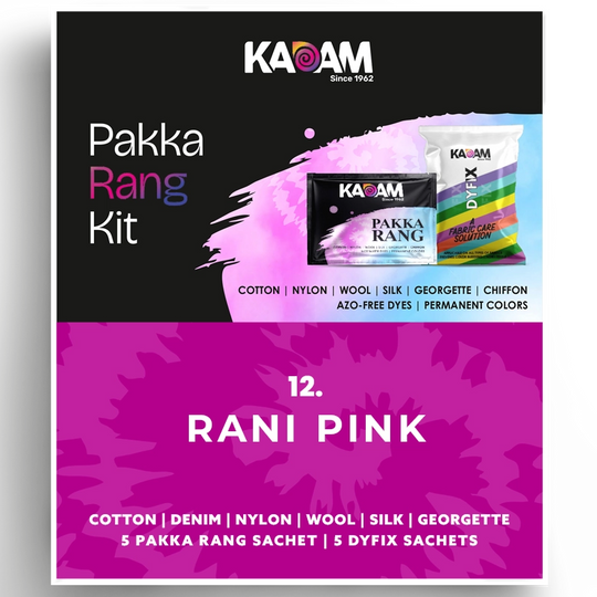 Kadam Pakka Rang Kit in Rani Pink, bold traditional pink dye perfect for festive textiles; vivid, permanent, 25g.