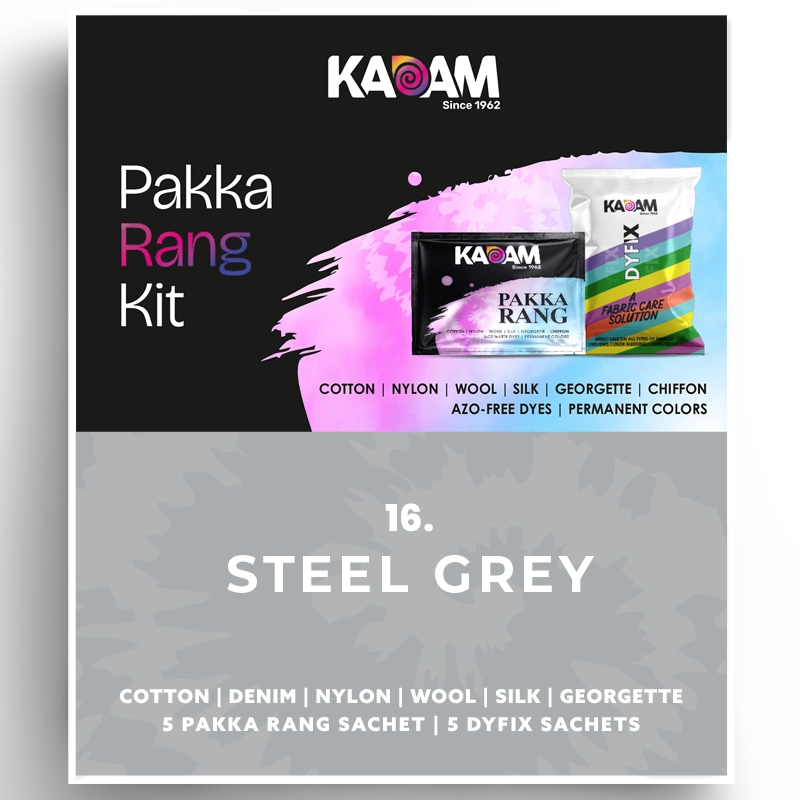 Kadam Pakka Rang Kit in Steel Grey, industrial chic dye for fabrics; long-lasting, permanent and azo-free, 25g sachet.