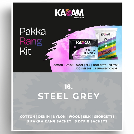 Kadam Pakka Rang Kit in Steel Grey, industrial chic dye for fabrics; long-lasting, permanent and azo-free, 25g sachet.