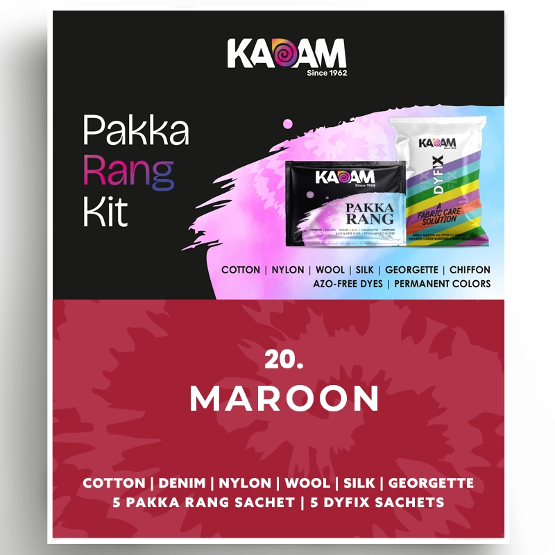 Kadam Pakka Rang Kit in Maroon, deep red-brown shade for fabric dyeing; permanent, safe and vibrant in a 25g pack.
