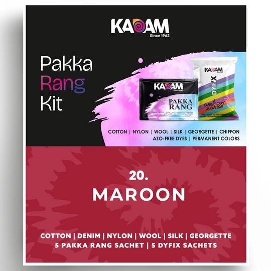 Kadam Pakka Rang Kit in Maroon, deep red-brown shade for fabric dyeing; permanent, safe and vibrant in a 25g pack.