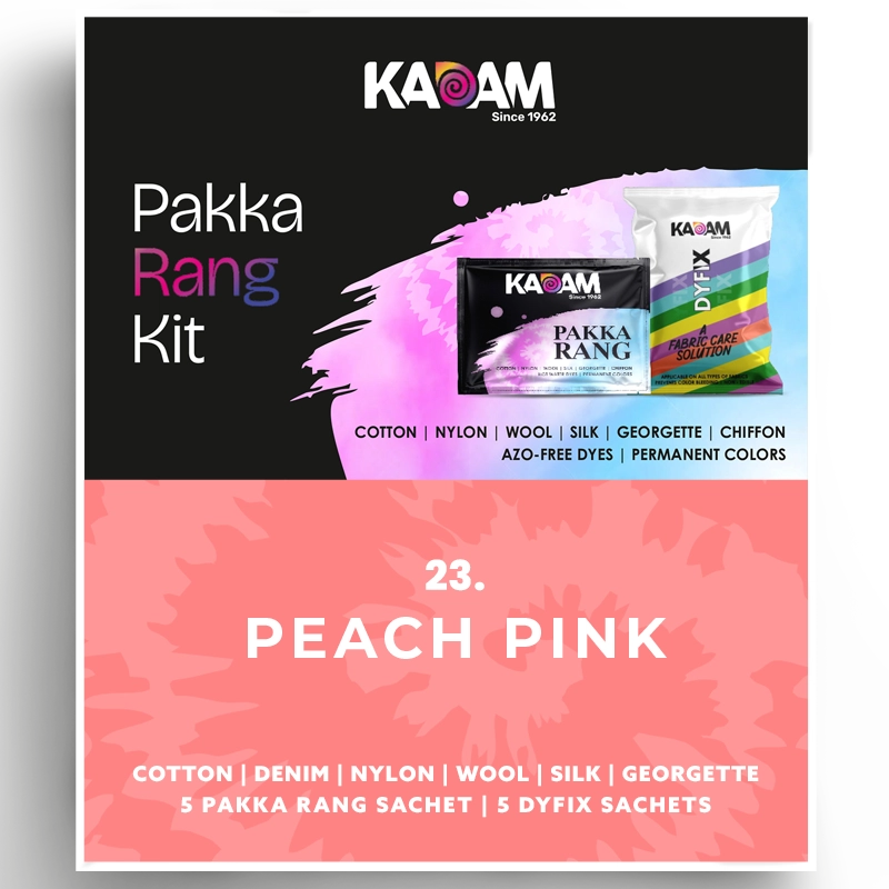 Peach Pink Pakka Rang Kit Kadam Colors permanent fabric dye with 5 Pakka Rang sachets and 5 DyFix sachets for cotton, denim, nylon, wool, silk, and georgette.
