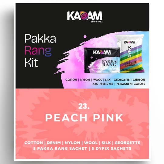 Peach Pink Pakka Rang Kit Kadam Colors permanent fabric dye with 5 Pakka Rang sachets and 5 DyFix sachets for cotton, denim, nylon, wool, silk, and georgette.