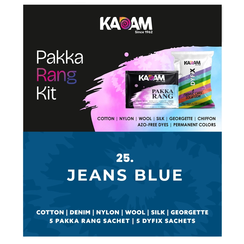 Kadam Pakka Rang Kit in Jeans Blue—azo-free hot water dye with DyFix for denim, cotton, silk, and more durable fabrics.
