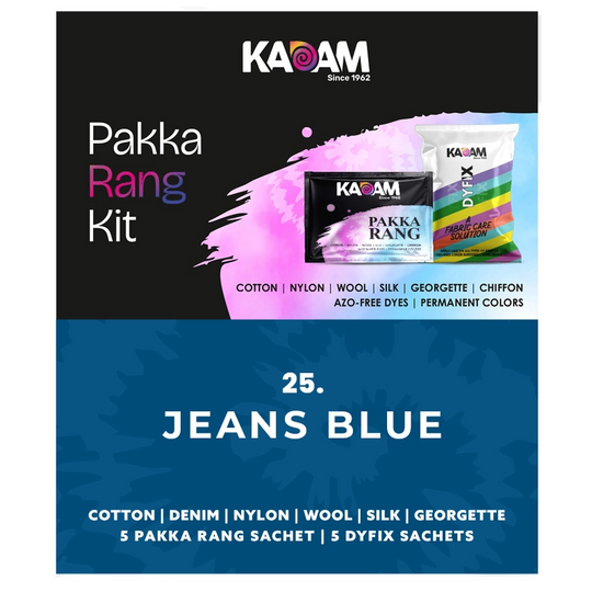 Kadam Pakka Rang Kit in Jeans Blue—azo-free hot water dye with DyFix for denim, cotton, silk, and more durable fabrics.