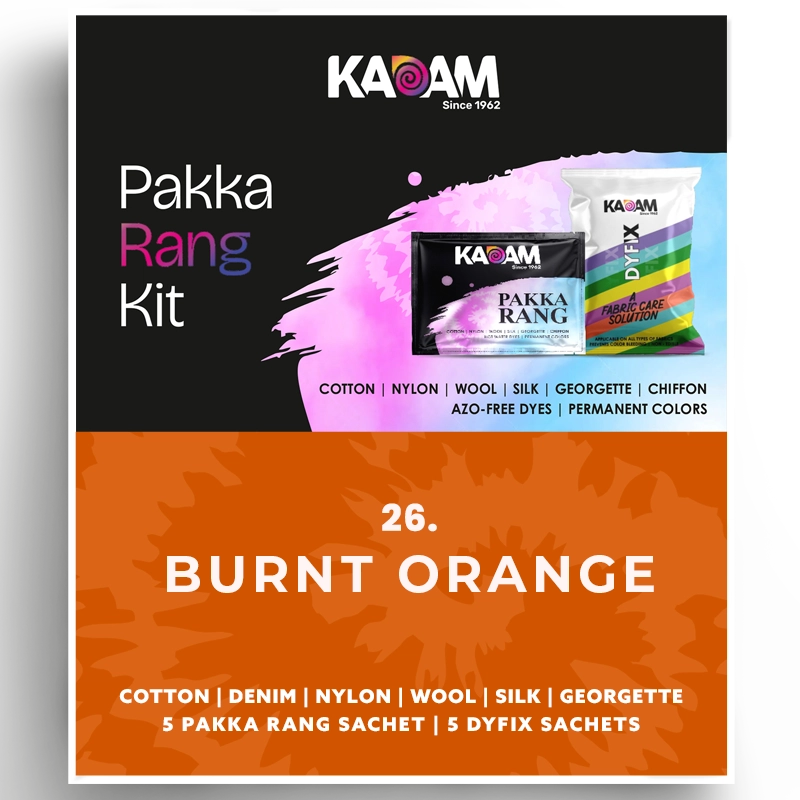 Kadam Pakka Rang Kit in Burnt Orange, rich and warm dye for fabric crafting; azo-free, permanent color in a 25g sachet.