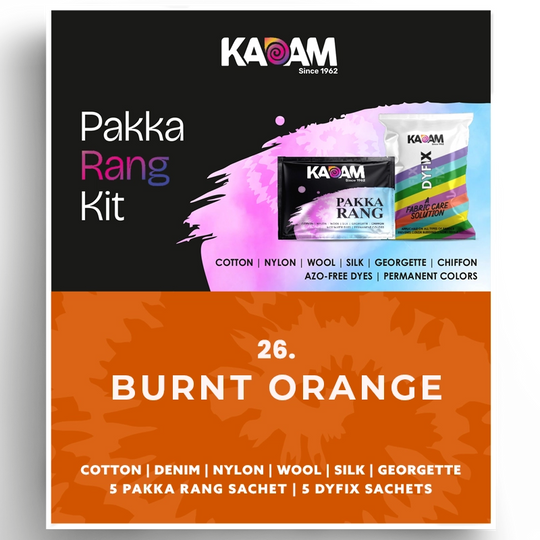 Kadam Pakka Rang Kit in Burnt Orange, rich and warm dye for fabric crafting; azo-free, permanent color in a 25g sachet.