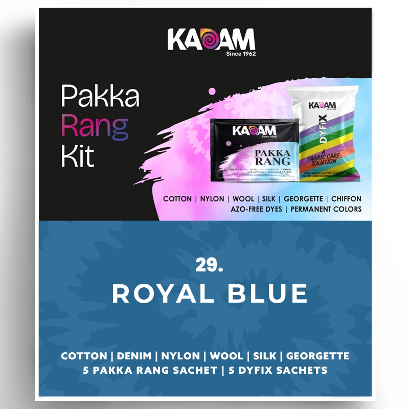Kadam Pakka Rang Kit in Royal Blue, deep bold dye for cotton, silk, and more; long-lasting color, azo-free, 25g sachet for textile use.