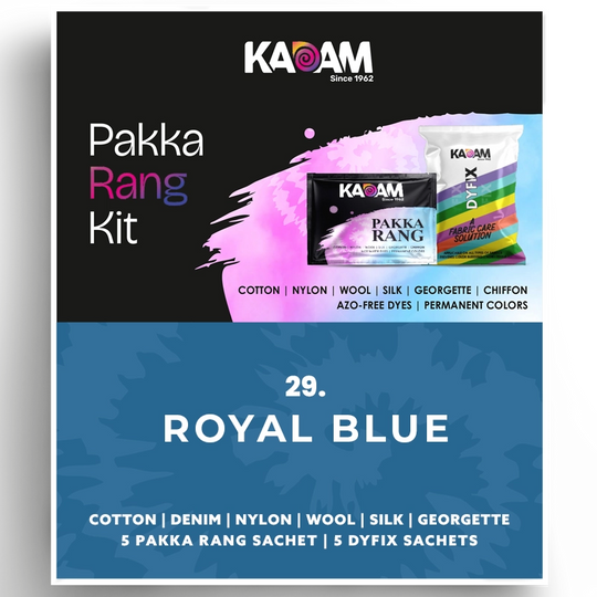 Kadam Pakka Rang Kit in Royal Blue, deep bold dye for cotton, silk, and more; long-lasting color, azo-free, 25g sachet for textile use.