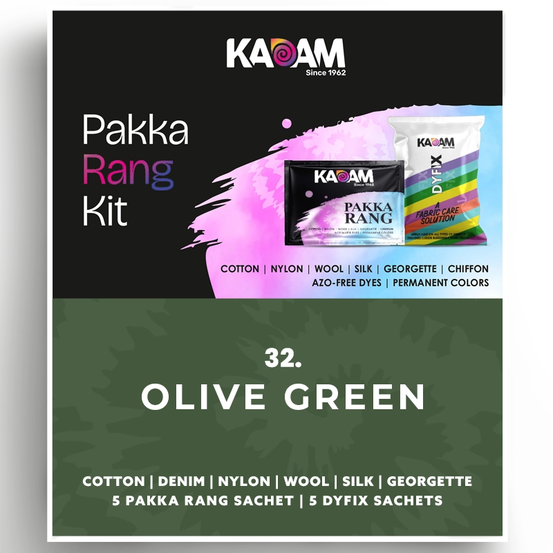 Kadam Pakka Rang Kit in Olive Green (Shade 32), fabric dye for cotton, nylon, wool, silk, georgette, and chiffon; azo-free, permanent, 25g sachet.