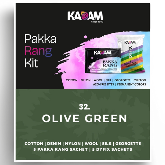 Kadam Pakka Rang Kit in Olive Green (Shade 32), fabric dye for cotton, nylon, wool, silk, georgette, and chiffon; azo-free, permanent, 25g sachet.