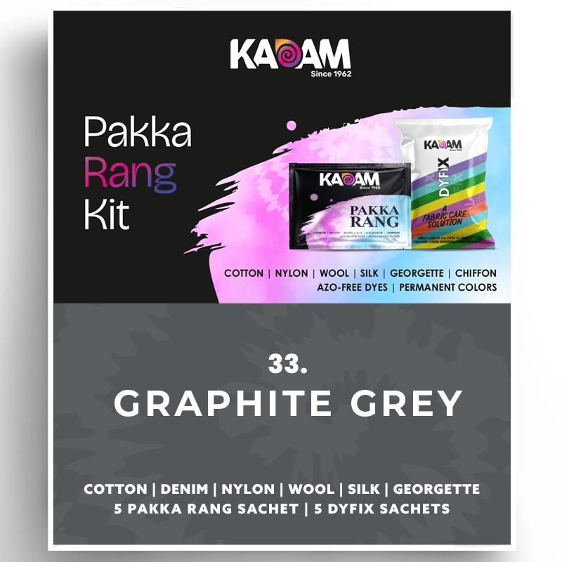 Kadam Pakka Rang Kit in Graphite Grey (Shade 33), fabric dye for cotton, nylon, wool, silk, georgette, and chiffon; azo-free, permanent, 25g sachet.