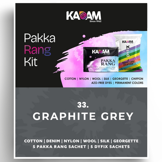 Kadam Pakka Rang Kit in Graphite Grey (Shade 33), fabric dye for cotton, nylon, wool, silk, georgette, and chiffon; azo-free, permanent, 25g sachet.
