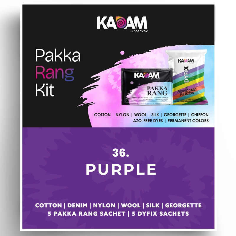 Kadam Pakka Rang Kit Purple fabric dye for cotton, silk, wool, nylon, georgette, chiffon – permanent, azo-free color, 25g sachet.