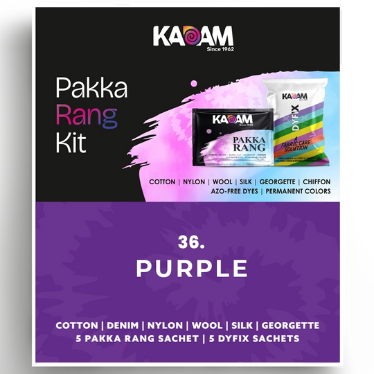 Kadam Pakka Rang Kit Purple fabric dye for cotton, silk, wool, nylon, georgette, chiffon – permanent, azo-free color, 25g sachet.