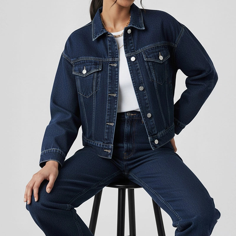 Model in dark blue denim jacket and jeans dyed using Kadam Pakka Rang rich Jeans Blue tone with smooth denim texture.