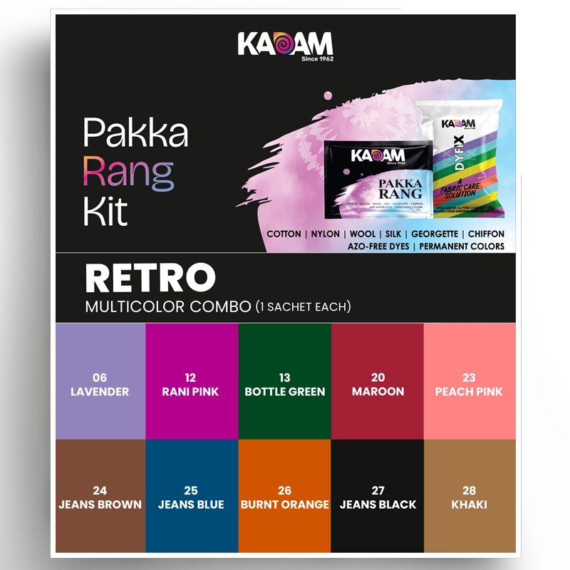 Kadam Pakka Rang Retro Multicolor Combo β 10 vibrant fabric dye sachets in Lavender, Rani Pink, Bottle Green, Maroon, Peach Pink, Jeans Brown, Jeans Blue, Burnt Orange, Jeans Black, and Khaki with DyFix color fixer.