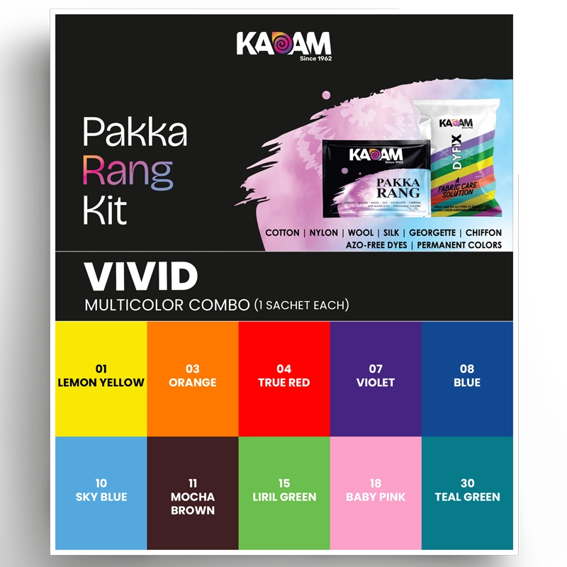 Kadam Pakka Rang Vivid Multicolor Combo – 10 fabric dye sachets in Lemon Yellow, Orange, True Red, Violet, Blue, Sky Blue, Mocha Brown, Liril Green, Baby Pink, and Teal Green with DyFix fabric care solution.