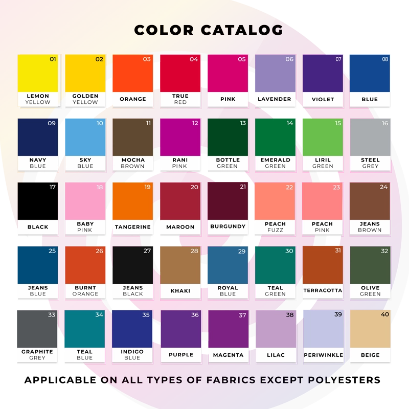 Color catalog with fabric color swatches and names on a white background
