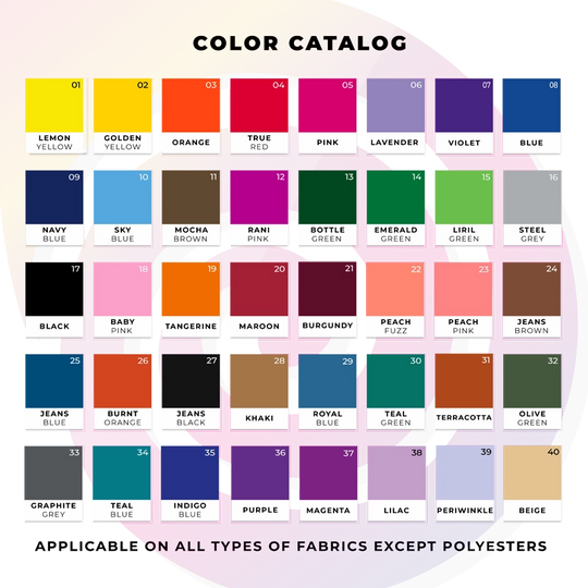Color catalog with fabric color swatches and names on a white background