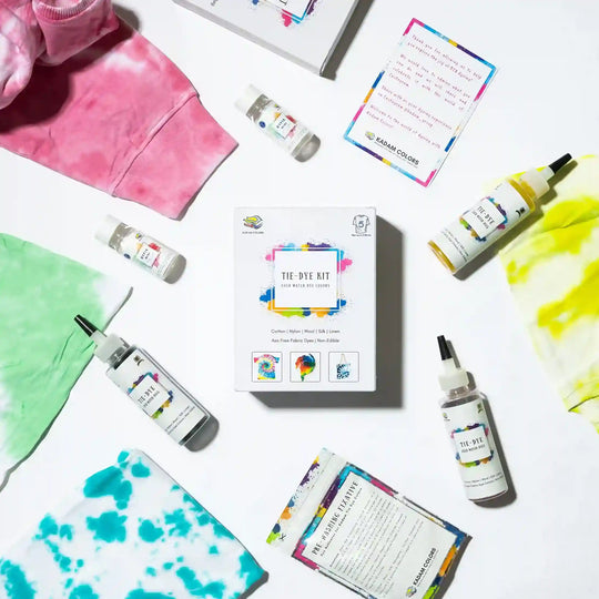 Kadam Colors Tie Dye Kit with cold water dyes, bottles, and DIY guide for making colorful, custom t-shirts at home.