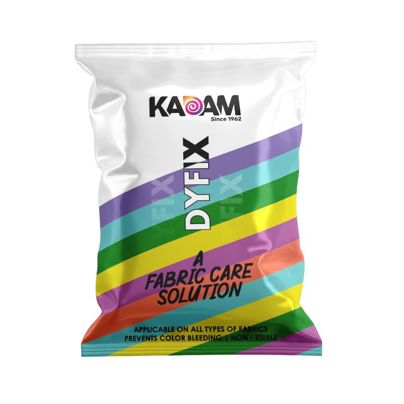 Kadam Colors DyFix sachet with rainbow stripes, designed to prevent color bleeding and enhance color fastness in fabrics.