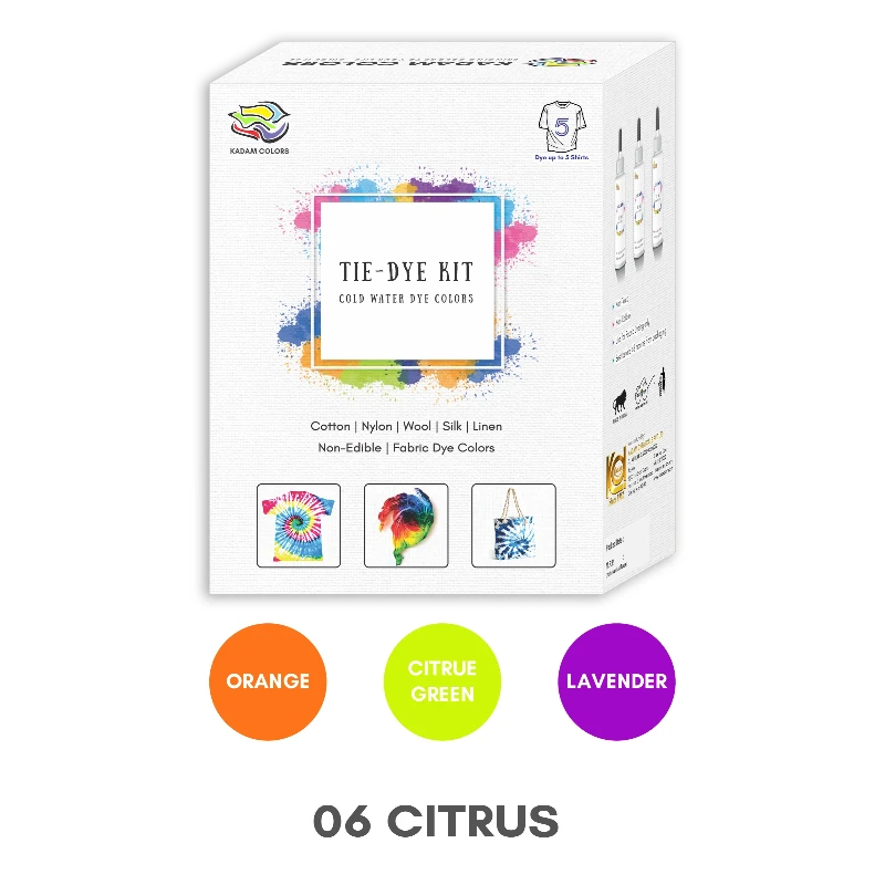 Kadam Tie-Dye Kit for various fabrics with design examples and color options including Orange, Citrus Green and Lavender.