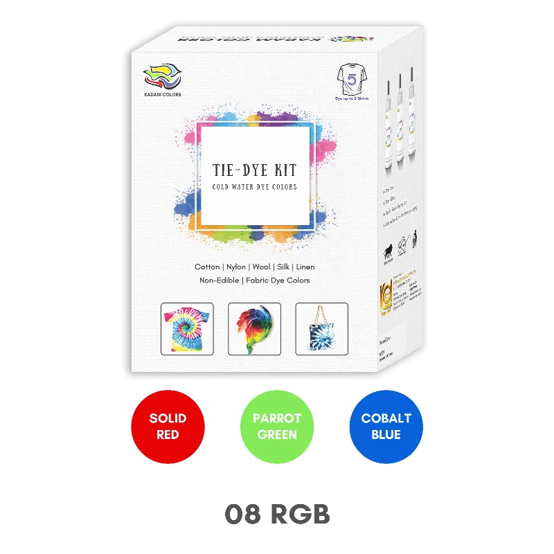 Kadam Colors Tie-Dye Kit RGB Variant offers Solid Red, Parrot Green, and Cobalt Blue shades for bold and bright dyeing.