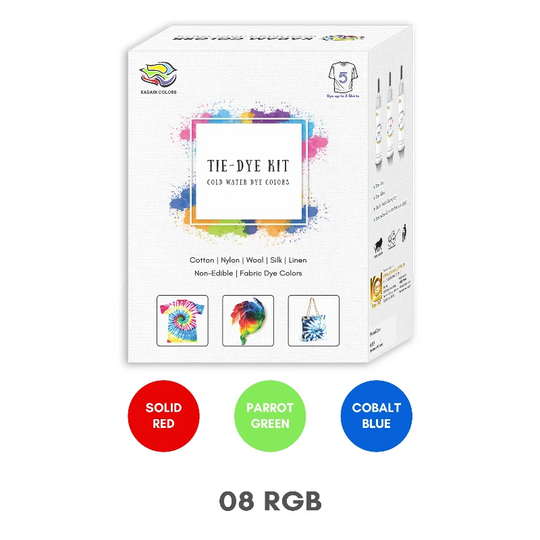 Kadam Colors Tie-Dye Kit RGB Variant offers Solid Red, Parrot Green, and Cobalt Blue shades for bold and bright dyeing.