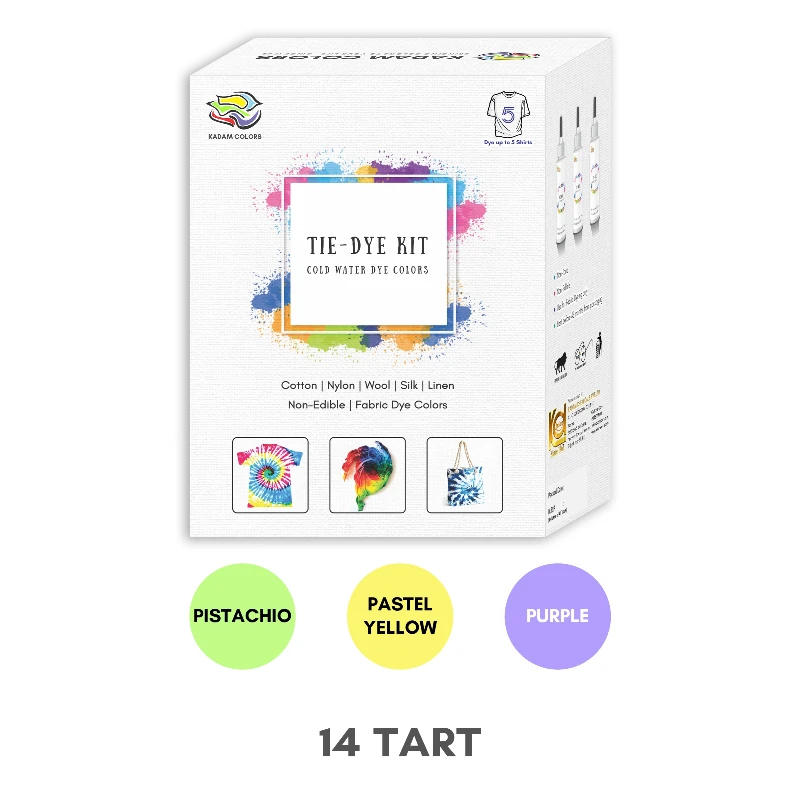 Kadam Colors Tie-Dye Kit Tart Variant featuring Pistachio, Pastel Yellow, and Purple shades for colorful DIY dyeing.