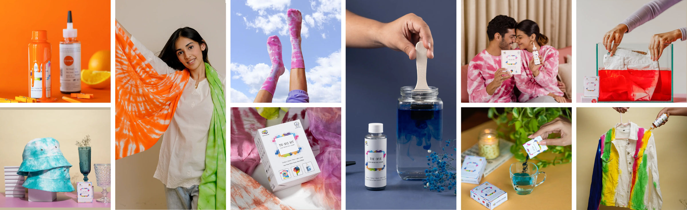 Kadam Colors Tie-Dye Kit with cold water dyes used for socks, shirts, tote bags, and creative DIY fabric dyeing projects.