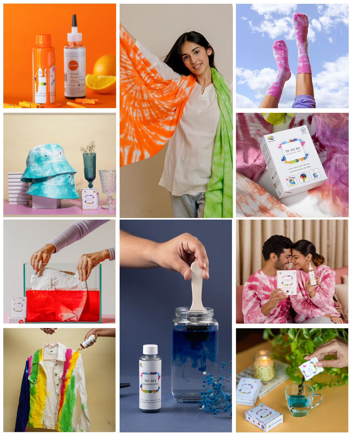 A colorful collage showcasing Kadam Colors' tie-dye kits in action, featuring tie-dye t-shirts, bucket hats, socks, and scarves, alongside step-by-step demonstrations, product packaging, and a couple enjoying their vibrant creations, emphasizing the fun and creativity of DIY tie-dye projects.