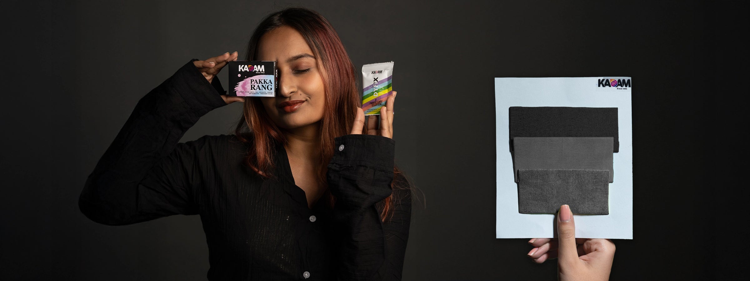 Woman holding a Kadam Pakka Rang and DyFix Sachet. this image used as website home image in Kadam Colors Website.