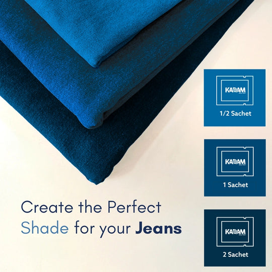 Stack of blue fabric with Kadam brand labels on a light background.