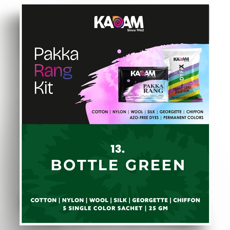 Kadam Pakka Rang Kit in Bottle Green, deep forest shade ideal for rich fabric dyeing; azo-free, permanent, 25g sachet.
