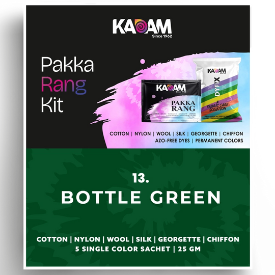 Kadam Pakka Rang Kit in Bottle Green, deep forest shade ideal for rich fabric dyeing; azo-free, permanent, 25g sachet.