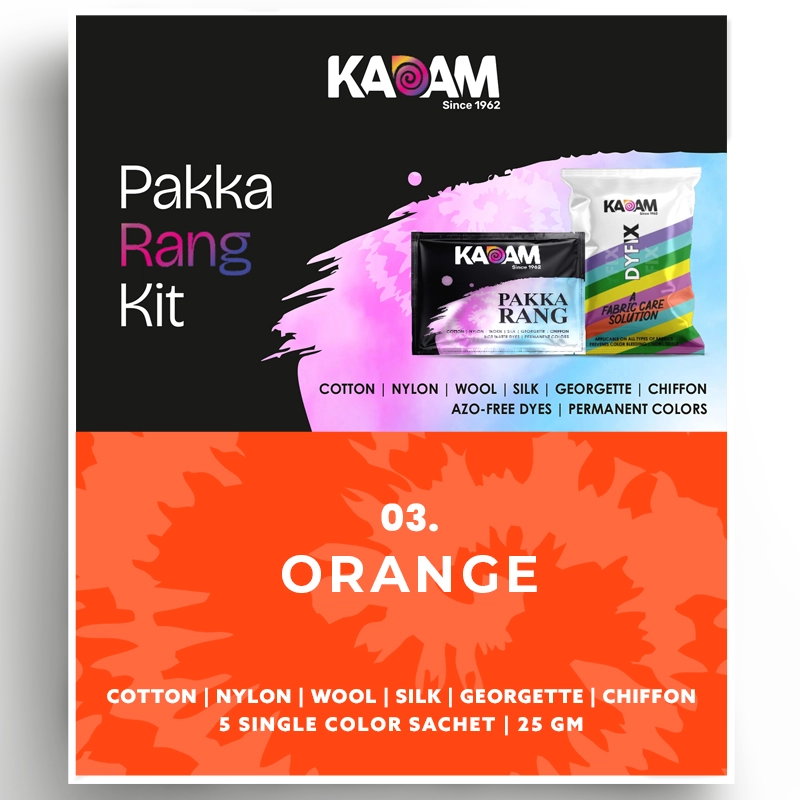 Kadam Pakka Rang Kit in Orange, zesty and bright dye ideal for fabric crafting; colorfast, azo-free, 25g.