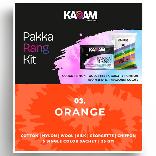 Kadam Pakka Rang Kit in Orange, zesty and bright dye ideal for fabric crafting; colorfast, azo-free, 25g.