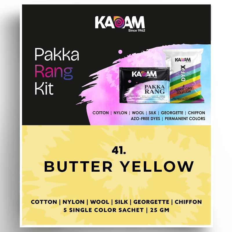 Kadam Pakka Rang Kit Butter Yellow fabric dye for cotton, silk, wool, nylon, georgette, chiffon – permanent, azo-free color, 25g sachet